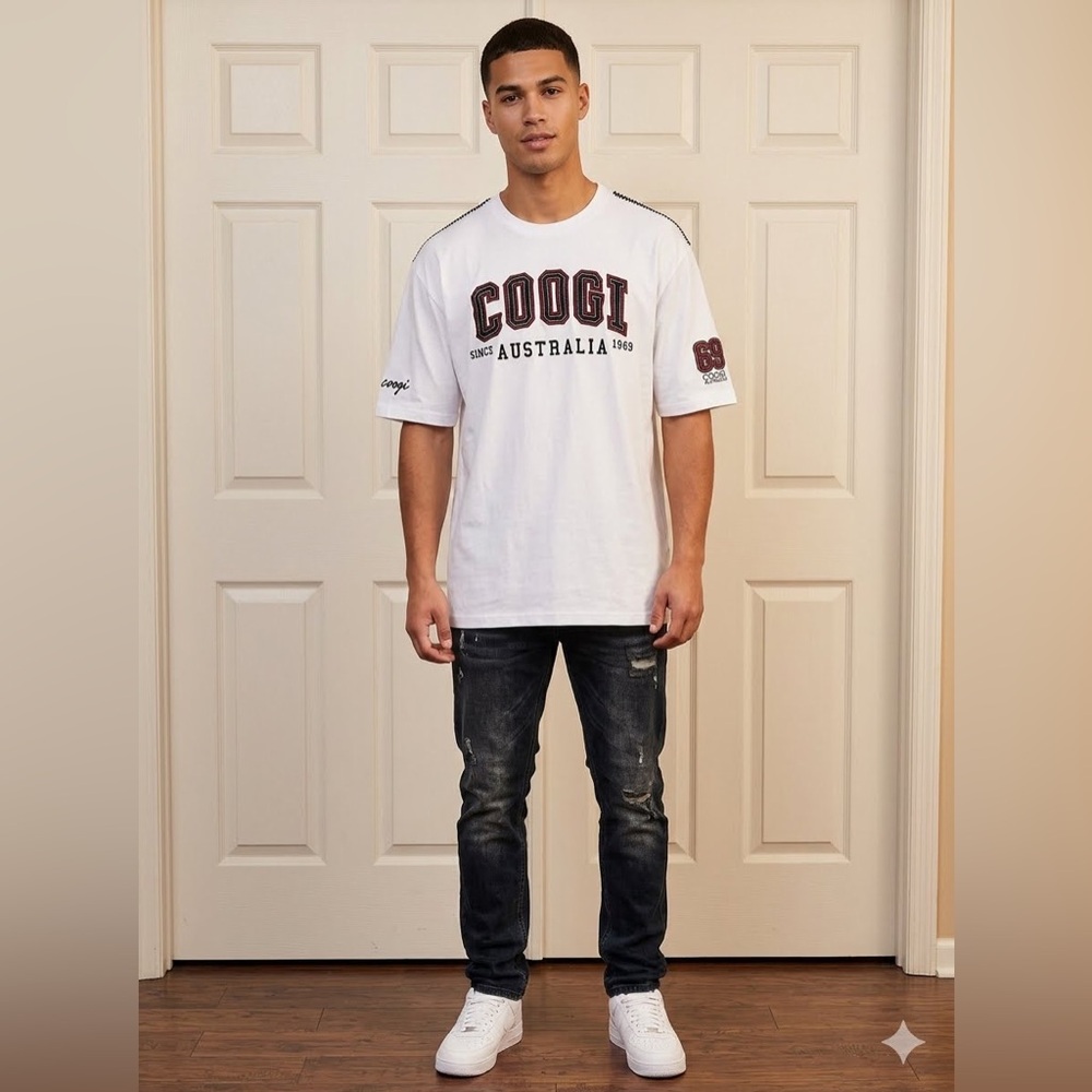 VNTG Coogi Shirt Men XL White Thick‎  Embroidered Graphic Spell Out T Tee Y2K *